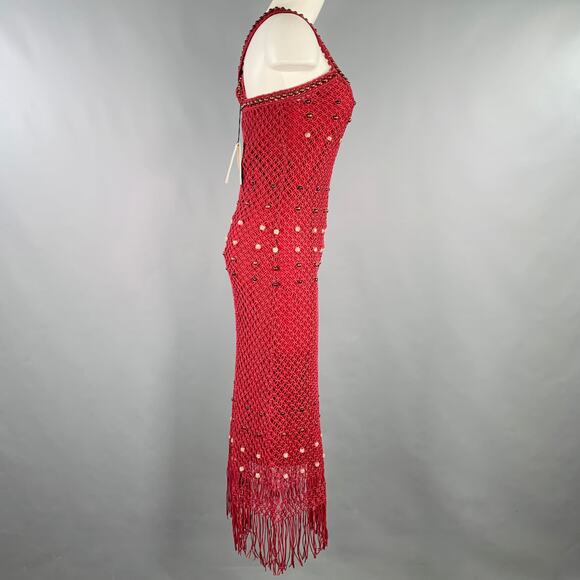 WALES BONNER Size S Burgundy Cotton Beaded Sleeveless Long Dress - Picture 3 of 8